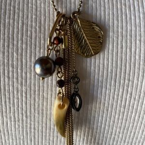 Long Gold Charm Necklace with Tassle and Horn